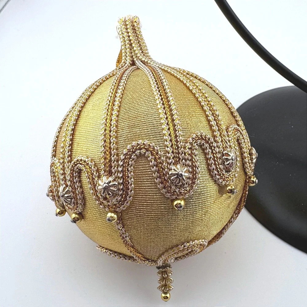 Vintage Gold Satin Christmas Ornaments‎ Set 2 Metallic Braided Trim Bead Accents